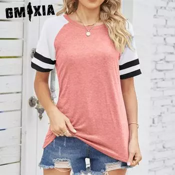 GMXIA Женские модные повседневные однотонные блузки и рубашки с короткими рукавами и круглым вырезом с принтом S белый