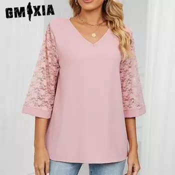 GMXIA Женские модные повседневные однотонные блузки и рубашки с v-образным вырезом и рукавом 3/4 с принтом S белый
