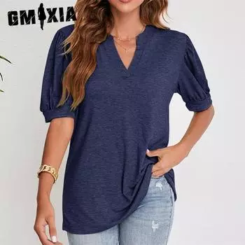 GMXIA Женские модные повседневные однотонные блузки и рубашки с короткими рукавами и v-образным вырезом с принтом S чёрный
