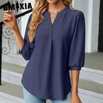 GMXIA Женские модные повседневные однотонные блузки и рубашки с v-образным вырезом и рукавом 3/4 с принтом S белый