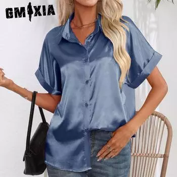 GMXIA Женские модные повседневные однотонные блузки и рубашки-поло с длинным рукавом с принтом S красный