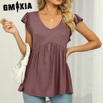 GMXIA Женские модные повседневные однотонные блузки и рубашки с короткими рукавами и v-образным вырезом с принтом S зелёный