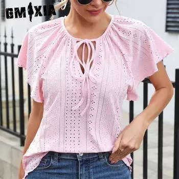 GMXIA Женские модные повседневные однотонные блузки и рубашки с короткими рукавами и круглым вырезом с принтом S розовый
