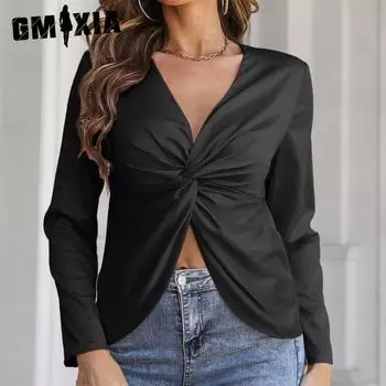 GMXIA Женские модные повседневные однотонные блузки и рубашки с длинным рукавом и v-образным вырезом с принтом S чёрный