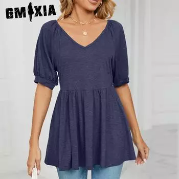 GMXIA Женские модные повседневные однотонные блузки и рубашки с короткими рукавами и v-образным вырезом с принтом S белый