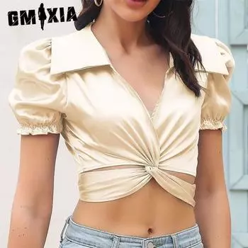 GMXIA Женские модные повседневные однотонные блузки и рубашки с короткими рукавами и v-образным вырезом с принтом S белый