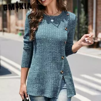 GMXIA Женские модные повседневные однотонные блузки и рубашки с длинным рукавом и круглым вырезом с принтом S синий