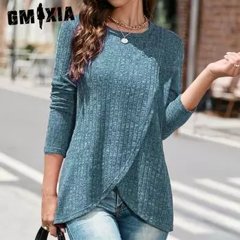 GMXIA Женские модные повседневные однотонные блузки и рубашки с длинным рукавом и круглым вырезом с принтом S синий