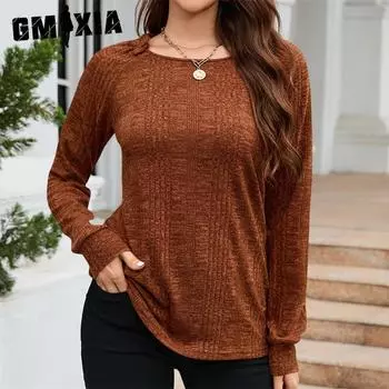 GMXIA Женские модные повседневные однотонные блузки и рубашки с длинным рукавом и круглым вырезом с принтом S коричневый