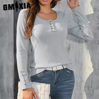 GMXIA Женские модные повседневные однотонные блузки и рубашки с длинным рукавом и круглым вырезом с принтом S белый