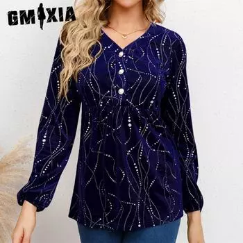 GMXIA Женские модные повседневные однотонные блузки и рубашки с длинным рукавом и v-образным вырезом с принтом S синий