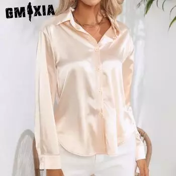 GMXIA Женские модные повседневные однотонные блузки и рубашки-поло с длинным рукавом с принтом S красный