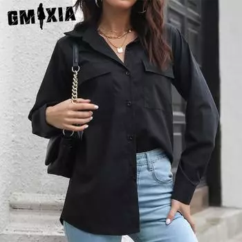 GMXIA Женские модные повседневные однотонные блузки и рубашки-поло с длинным рукавом с принтом S белый