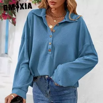 GMXIA Женские модные повседневные однотонные блузки и рубашки с длинным рукавом и v-образным вырезом с принтом