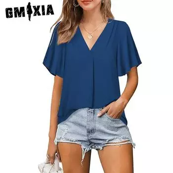GMXIA Женские модные повседневные однотонные блузки и рубашки с короткими рукавами и v-образным вырезом с принтом S белый