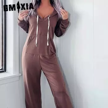 GMXIA женские модные повседневные однотонные брюки с капюшоном и принтом на осень и зиму, брюки с капюшоном и длинными рукавами, комбинезоны и комбинезоны S чёрный