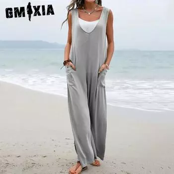 GMXIA женские модные повседневные однотонные брюки с принтом на лето и весну, брюки без рукавов на подтяжках, комбинезоны и комбинезоны S серый