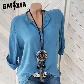 GMXIA Женские модные повседневные однотонные футболки и топы с длинными рукавами и воротником-поло с принтом