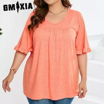GMXIA Женские модные повседневные однотонные футболки и топы с короткими рукавами и v-образным вырезом с принтом XL оранжевый