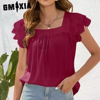 GMXIA Женские модные повседневные однотонные футболки и топы с короткими рукавами и U-образным вырезом с принтом S красный
