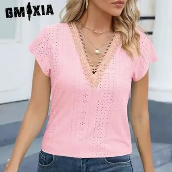 GMXIA Женские модные повседневные однотонные футболки и топы с короткими рукавами и v-образным вырезом с принтом S розовый