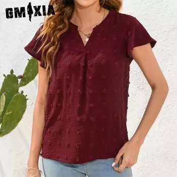 GMXIA Женские модные повседневные однотонные футболки и топы с короткими рукавами и v-образным вырезом с принтом S красный