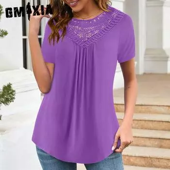 GMXIA Женские модные повседневные однотонные футболки и топы с короткими рукавами и круглым вырезом с принтом S фиолетовый