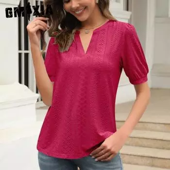 GMXIA Женские модные повседневные однотонные футболки и топы с короткими рукавами и v-образным вырезом с принтом S красный