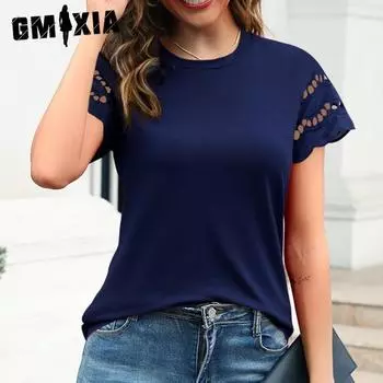 GMXIA Женские модные повседневные однотонные футболки и топы с короткими рукавами и круглым вырезом с принтом S красный