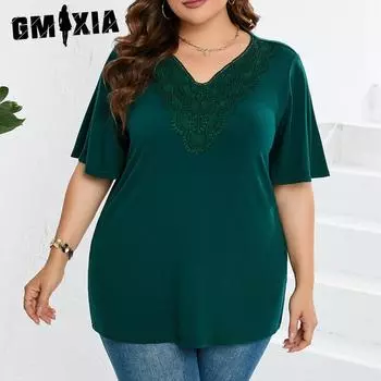 GMXIA Женские модные повседневные однотонные футболки и топы с короткими рукавами и v-образным вырезом с принтом XL зелёный