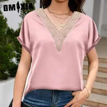 GMXIA Женские модные повседневные однотонные футболки и топы с короткими рукавами и v-образным вырезом с принтом S синий