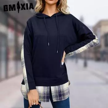 GMXIA Женские модные повседневные однотонные худи и свитшоты с капюшоном и длинными рукавами с принтом S синий