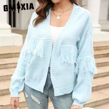 GMXIA женские модные повседневные однотонные кардиганы с принтом на осень и зиму, свитер с длинными рукавами S чёрный