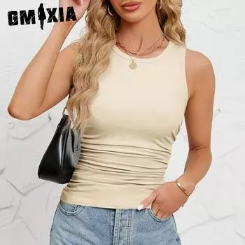 GMXIA женские модные повседневные однотонные летние жилеты без рукавов с v-образным вырезом и высоким воротником в рубчик со складками S абрикосовый