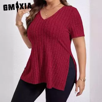 GMXIA женские модные повседневные однотонные принты большого размера, летние и весенние свободные свитера с короткими рукавами и v-образным вырезом