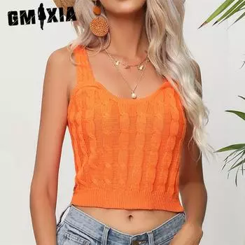 GMXIA женские модные повседневные однотонные принты лето весна без рукавов с круглым вырезом вязаные жилеты S оранжевый