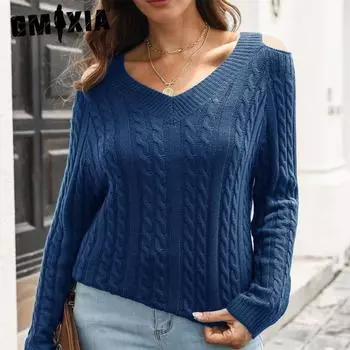 GMXIA женские модные повседневные однотонные принты осень-зима с длинными рукавами и v-образным вырезом свободные свитера S красный