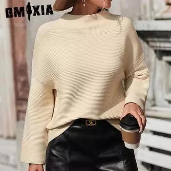 GMXIA женские модные повседневные однотонные принты осень-зима с длинным рукавом свободные свитера с половиной воротника S чёрный