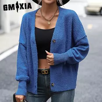 GMXIA женские модные повседневные однотонные принты осень-зима с длинными рукавами и v-образным вырезом свободные свитера юбка S чёрный