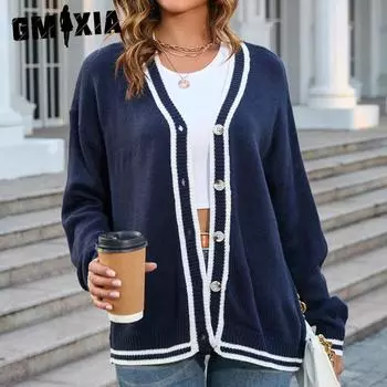 GMXIA женские модные повседневные однотонные принты осень-зима с длинными рукавами и v-образным вырезом кардиганы-свитер пальто S белый
