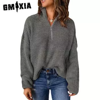 GMXIA женские модные повседневные однотонные принты осень-зима с длинным рукавом свободные свитера с половиной воротника S темно-серого