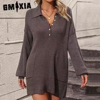 GMXIA женские модные повседневные однотонные принты осень-зима с длинными рукавами и v-образным вырезом свободные свитера S зелёный