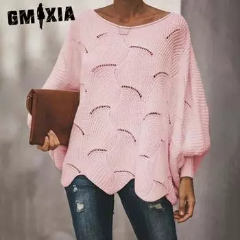 GMXIA женские модные повседневные однотонные принты осень-зима с длинными рукавами и круглым вырезом свободные свитера S белый