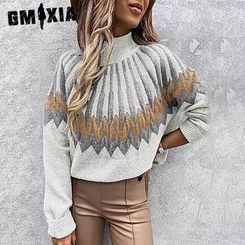 GMXIA женские модные повседневные однотонные принты осень-зима с длинным рукавом свободные трикотажные свитера с высоким воротом
