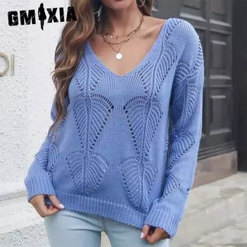 GMXIA женские модные повседневные однотонные принты осень-зима с длинными рукавами и v-образным вырезом свободные свитера S белый