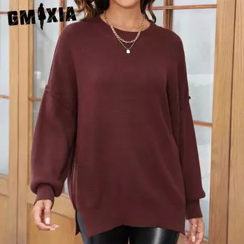 GMXIA женские модные повседневные однотонные принты осень-зима с длинными рукавами и круглым вырезом свободные свитера S белый