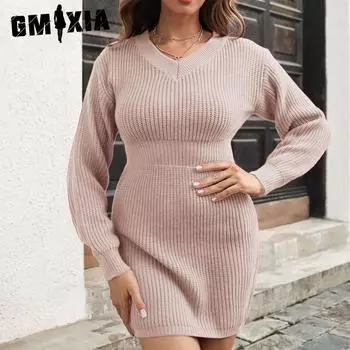 GMXIA женские модные повседневные однотонные принты осень-зима с длинными рукавами и v-образным вырезом свободные свитера юбка S розовый