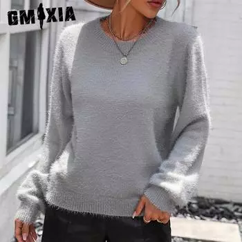 GMXIA женские модные повседневные однотонные принты осень-зима с длинными рукавами и круглым вырезом свободные свитера S серый