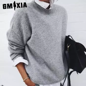 GMXIA женские модные повседневные однотонные принты осень-зима с длинными рукавами и круглым вырезом свободные свитера
