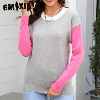 GMXIA женские модные повседневные однотонные принты осень-зима с длинными рукавами и круглым вырезом свободные свитера S серый